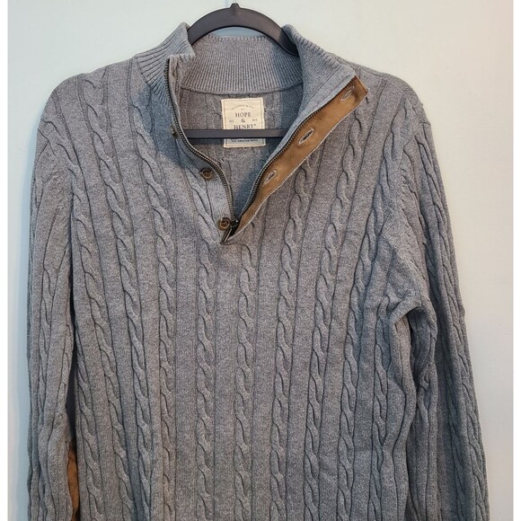 Hope & Henry Mens Cable Knit Organic Cotton Elbow Patch 1/4 Zip Sweater Academia - Picture 4 of 12